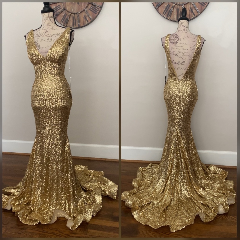 Jovani sparkly v neck mermaid gold prom dress, formal dress or evening gown